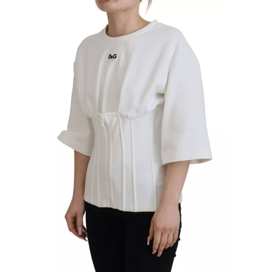 Dolce & Gabbana White Cotton Corset Stretch Top T-shirt featuring a short sleeve, crewneck design with zipper closure, logo details.