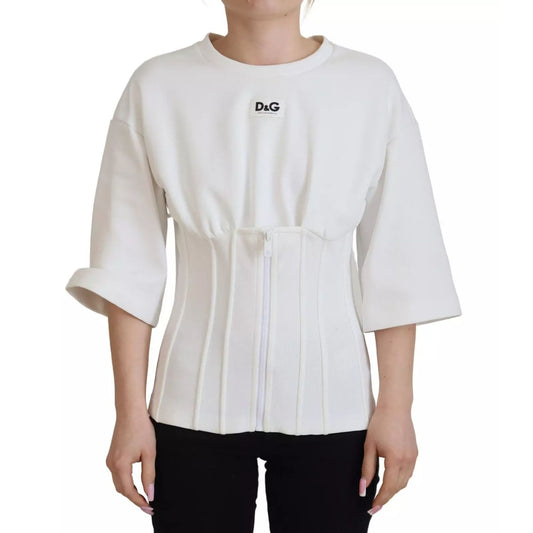 Dolce & Gabbana White Cotton Corset Stretch Top T-shirt with logo detail, front zipper closure, and crewneck design, made in Italy.
