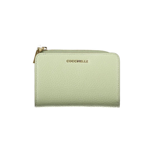 Coccinelle Green Leather Women Wallet with secure zip closure, showcasing premium leather design and iconic logo.