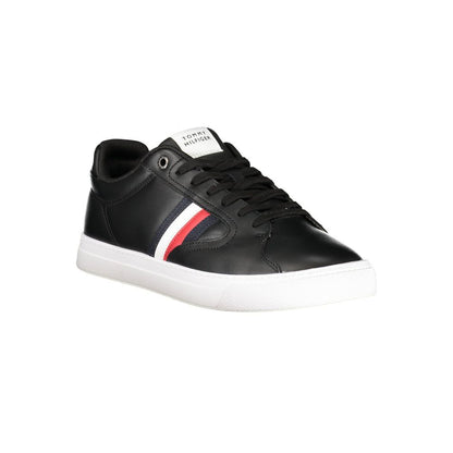 Alt Tag: Tommy Hilfiger Black Leather Men Sneaker with logo and white sole, showcasing style and comfort for personalized casual wear.