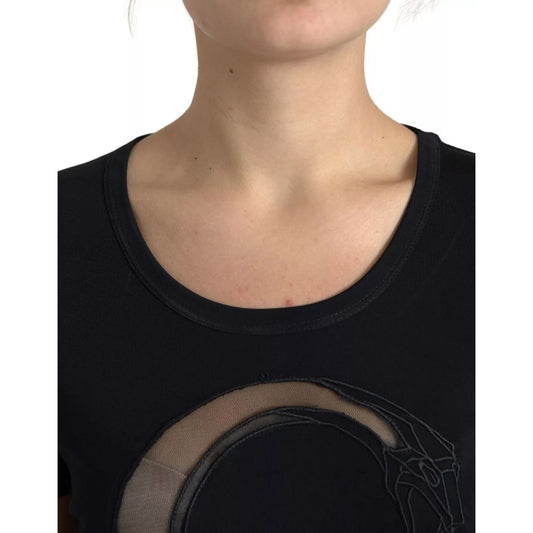 Roberto Cavalli Black Viscose Round Neck CLASS T-shirt with logo detail, 100% viscose, repaired rip on decor, made in Italy.