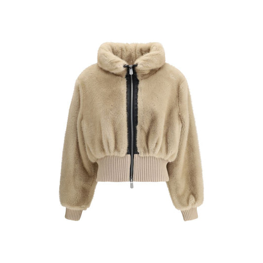 Alt Tag: PINKO Faux fur bomber Jacket in soft Aspen fabric with raised collar and nappa leather trim, showcasing style and comfort.