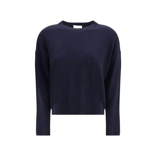 Allude Cashmere Sweater in navy, featuring ribbed crew neck and hem, made from 100% cashmere for a soft, elegant look.