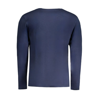 Back view of Pepe Jeans Blue Cotton T-Shirt, long-sleeved, crew neck, regular fit, with logo print made of 100% sustainable cotton.
