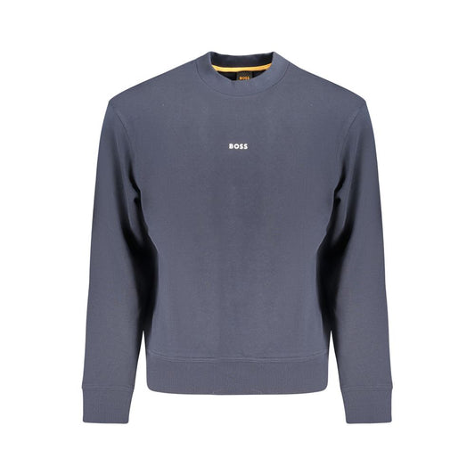 Hugo Boss Blue Cotton Men Sweater with logo, long-sleeved, crafted in Bangladesh, featuring brushed cotton for comfort.
