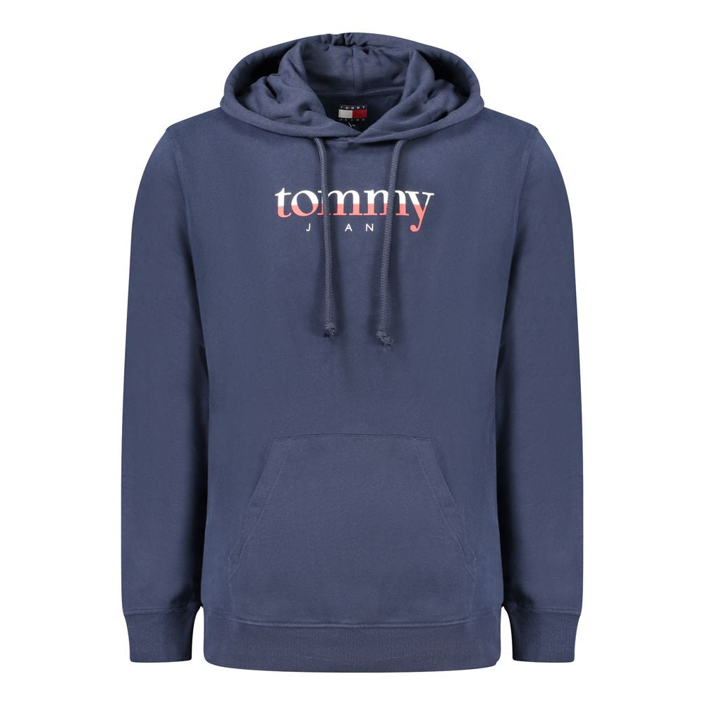 Front view of Tommy Hilfiger Blue Cotton Men Sweater featuring hood and central pocket with iconic logo.