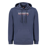 Front view of Tommy Hilfiger Blue Cotton Men Sweater featuring hood and central pocket with iconic logo.