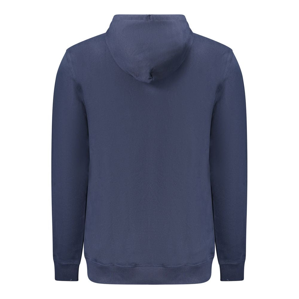 Tommy Hilfiger Blue Cotton Men Sweater with hooded back view, emphasizing sustainable materials and iconic logo design.