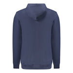 Tommy Hilfiger Blue Cotton Men Sweater with hooded back view, emphasizing sustainable materials and iconic logo design.