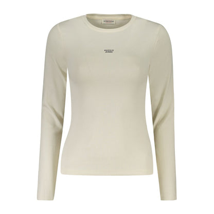 Guess Jeans White Cotton Women T-Shirt with long sleeves and iconic embroidery, showcasing contemporary style and comfort.