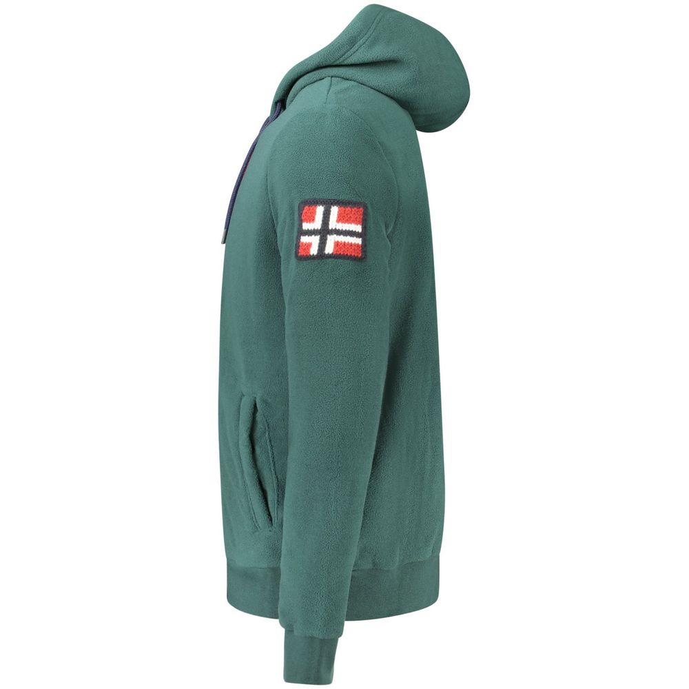 Side view of Norway 1963 Green Polyester Men Sweater with hood and pocket details.