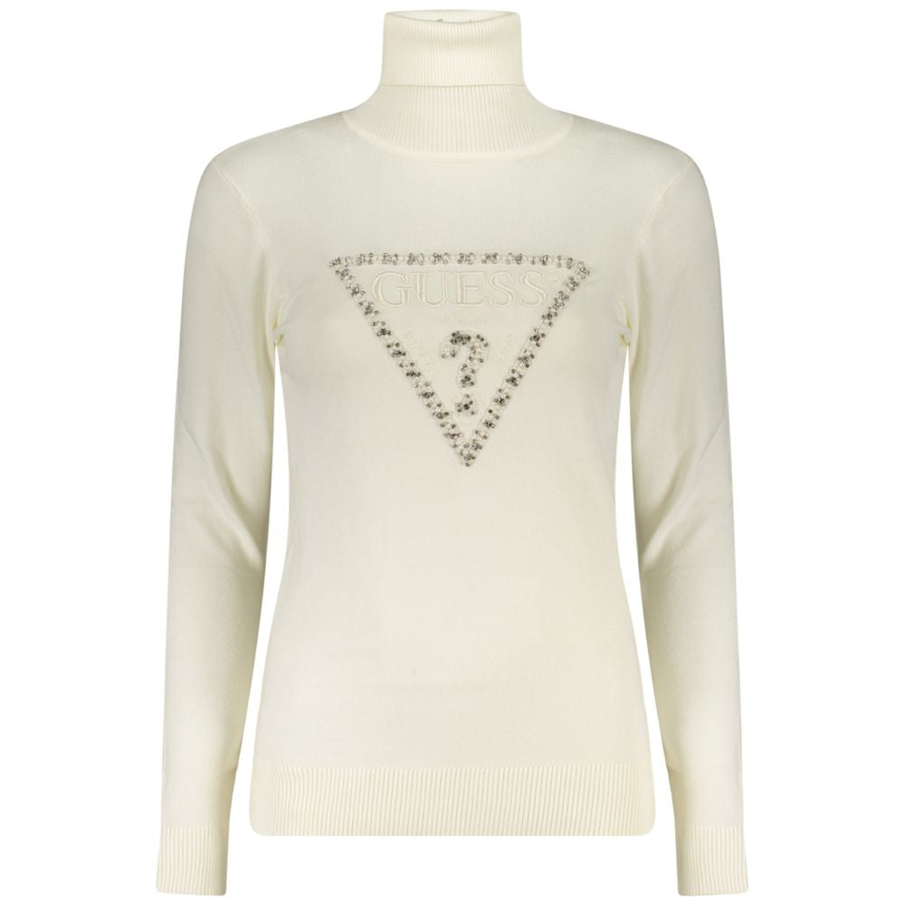 Guess Jeans White Viscose Women Sweater with turtleneck, rhinestone embellishments, and embroidered logo.