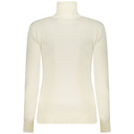 Guess Jeans White Viscose Women Sweater with long sleeves, turtleneck, rhinestone accents, and embroidery logo on back view.