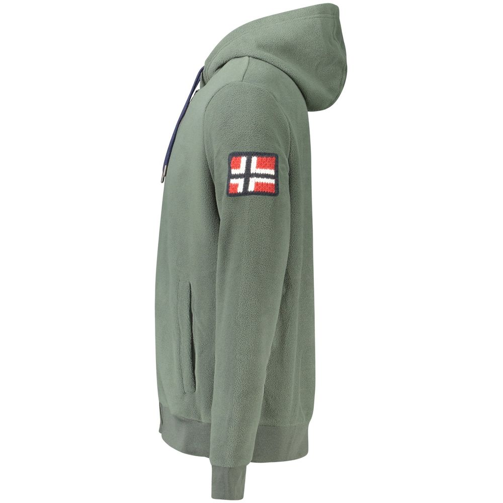 Norway 1963 Green Polyester Men's Sweatshirt with Hood showcasing side view and embroidered flag patch on sleeve.