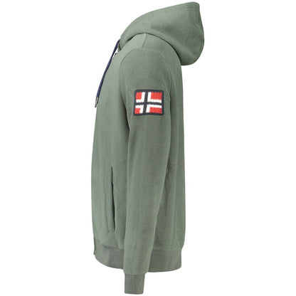 Norway 1963 Green Polyester Men's Sweatshirt with Hood showcasing side view and embroidered flag patch on sleeve.