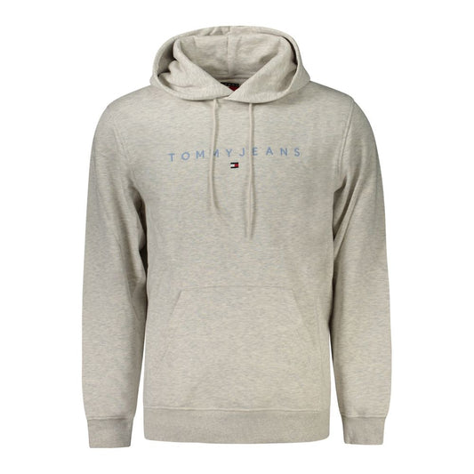Tommy Hilfiger Gray Cotton Men Sweater with hoodie and logo embroidery on the front, eco-conscious fabric blend.