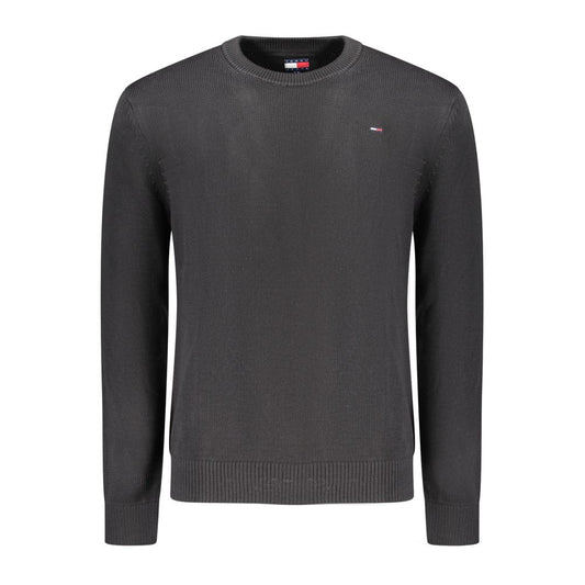 Tommy Hilfiger Black Cotton Men Sweater with embroidered logo and crew neck design, crafted with 95% organic cotton.