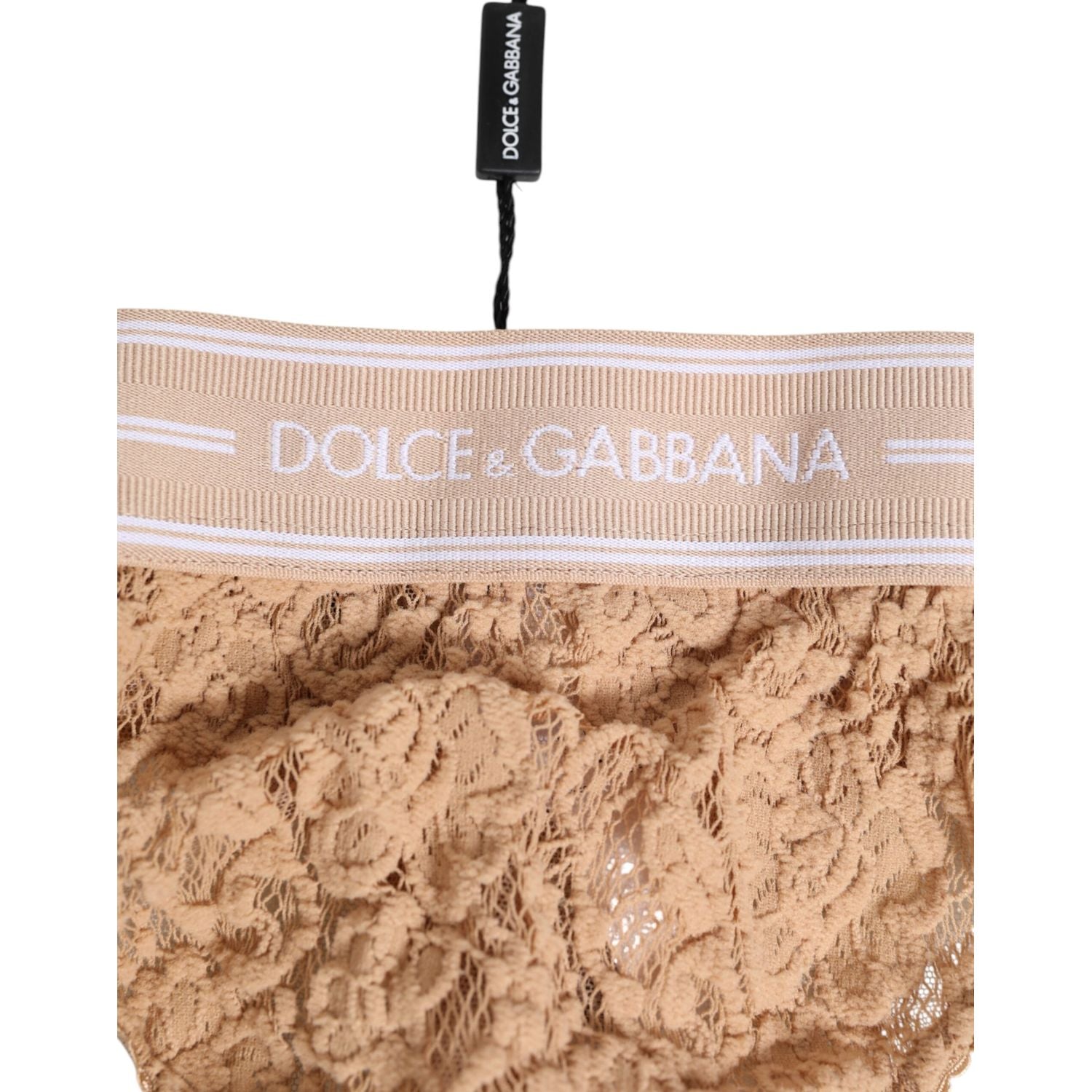 Dolce & Gabbana Beige Lace Logo Elastic Waist Thong Tanga Underwear