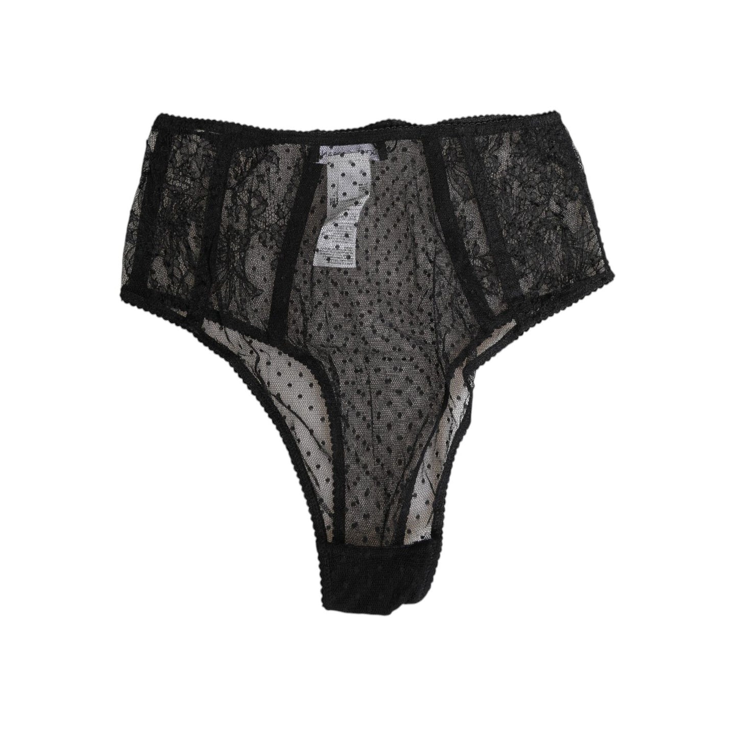 Dolce & Gabbana Black Lace Polka Dot Mesh High Waist Underwear, elegant high-waisted briefs with sheer lace and polka dot detailing.