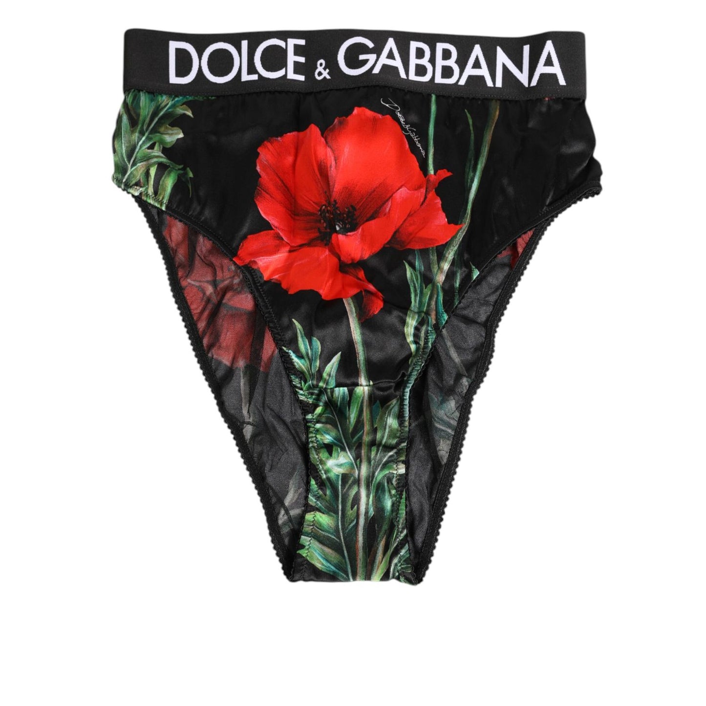 Dolce & Gabbana Black Floral Print High Waist Sheer Mesh Underwear with red poppy design and logo waistband.