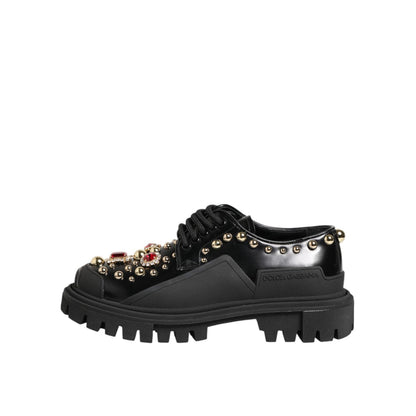 Dolce & Gabbana Black Leather Jeweled Crystals Derby Shoes
