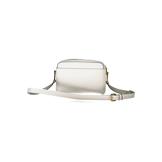 Coccinelle White Leather Handbag with adjustable shoulder strap, contrasting details, and multiple pockets.