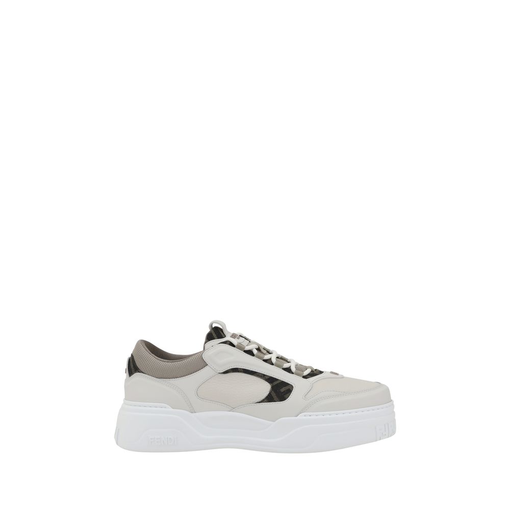 Fendi White Calf Leather Bos Taurus Low Top Sneakers with textured sole and lace-up design for urban style and comfort.
