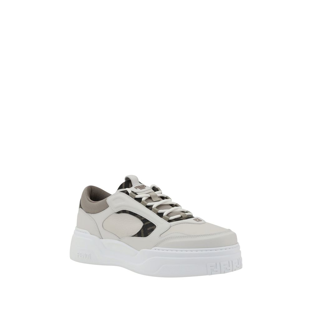 Fendi White Calf Leather Bos Taurus Low Top Sneakers with textured sole and paneled design.