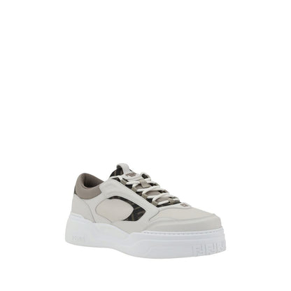 Fendi White Calf Leather Bos Taurus Low Top Sneakers with textured sole and paneled design.