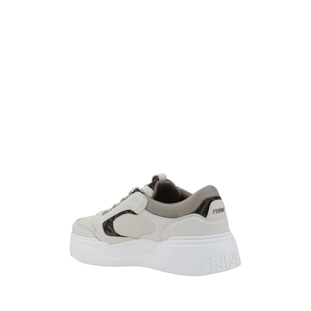 Fendi White Calf Leather Bos Taurus Low Top Sneakers showing side view with logo detail and textured sole for comfort and style.