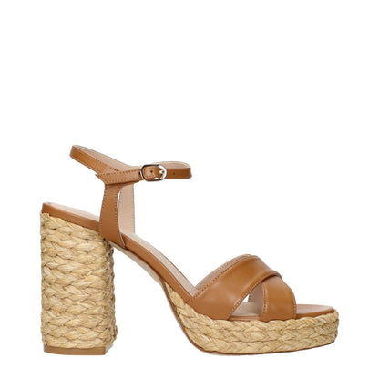 Stuart Weitzman Brown Leather Platform Sandals with woven heel design, side view