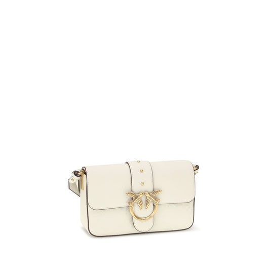 PINKO Love leather Shoulder Bag with Love Birds buckle, adjustable strap, and magnetic flap in elegant white design.