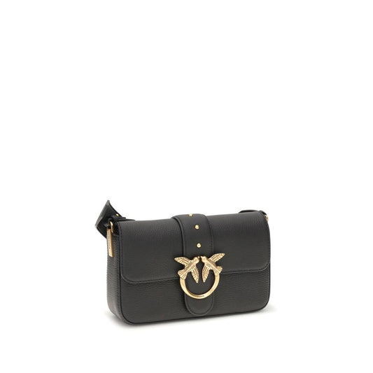 PINKO Love leather Shoulder Bag with embossed Love Birds buckle and adjustable strap, elegant and versatile black leather design.