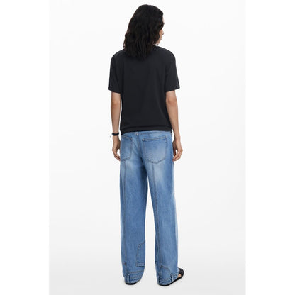 Back view of Desigual Black Cotton Women T-Shirt worn with light denim jeans