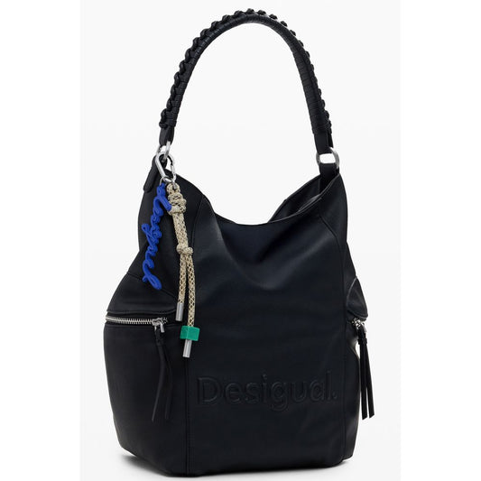 Desigual Black Polyethylene Women Backpack with iconic half Africa logo and one-shoulder handle, adjustable and removable straps.