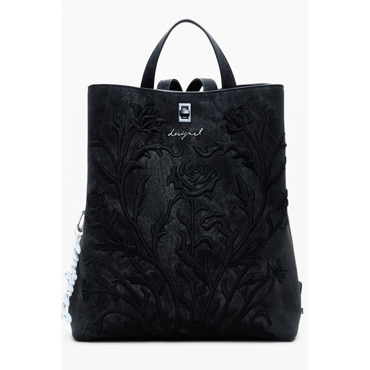 Desigual Black Polyethylene Women Backpack with floral embroidery and adjustable straps for unique style and practicality.