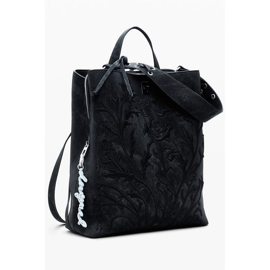 Desigual Black Polyethylene Women Backpack with floral embroidery, showcasing bold design and practicality with multiple compartments.