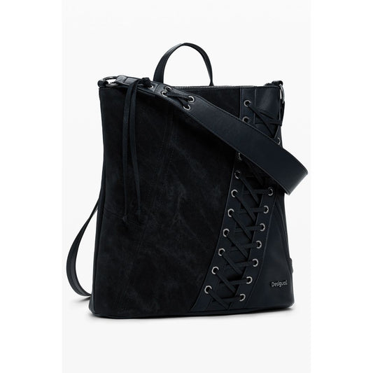 Desigual Black Polyethylene Women Backpack with zip closure and versatile handles, featuring bold black design and contrasting details.