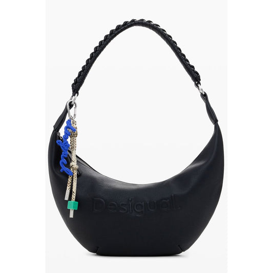 Desigual Black Polyethylene Women Handbag with relief logo, removable handle, and adjustable straps for shoulder or crossbody wear.