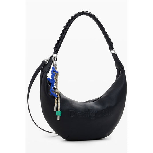 Desigual Black Polyethylene Women Handbag with relief print logo and adjustable straps for versatile styling.
