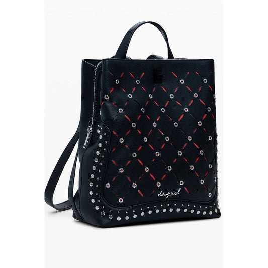 Desigual Black Polyethylene Women Backpack with studded finish, adjustable straps, and multiple compartments for stylish practicality.