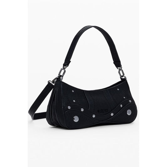 Desigual Black Polyethylene Women Handbag with zip-expandable bottom and removable handle, showcasing unique style and practicality.