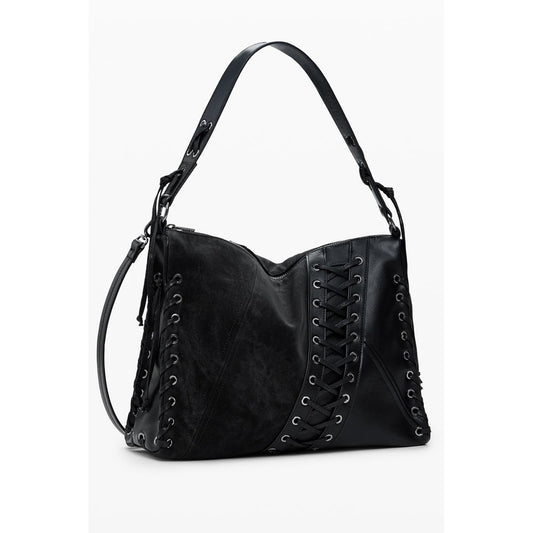 Desigual Black Polyethylene Women Handbag with patch and contrast detail, adjustable strap, featuring iconic logo for versatile fashion.