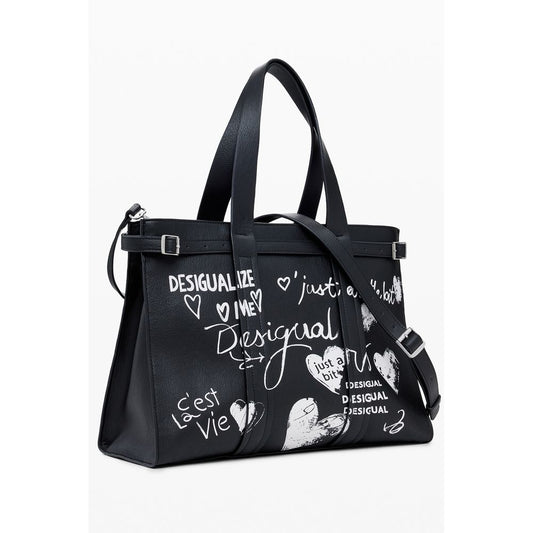 Desigual Black Polyethylene Women Handbag with signature print, dual handles, adjustable strap, and bold contrasting details.