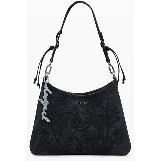 Desigual Black Polyethylene Women Handbag with floral embroidery and removable strap.