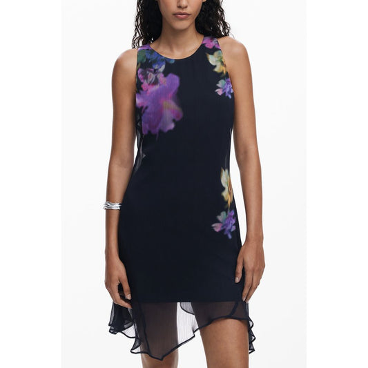 Desigual Black Polyester Women Dress with bold floral print and sleeveless design, featuring a crew neck and back button detail.