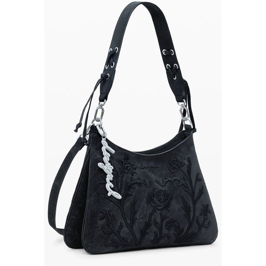 Desigual Black Polyethylene Women Handbag with floral embroidery and detachable straps for versatile styling.