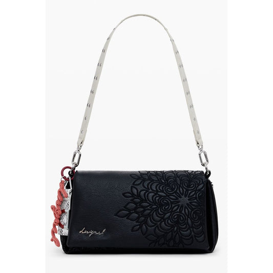 Desigual Black Polyethylene Women Handbag with floral embroidery and detachable shoulder strap.