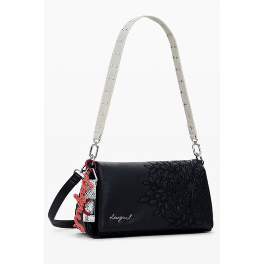 Desigual Black Polyethylene Women Handbag with embroidery, detachable shoulder handle, and adjustable strap for versatile wear.