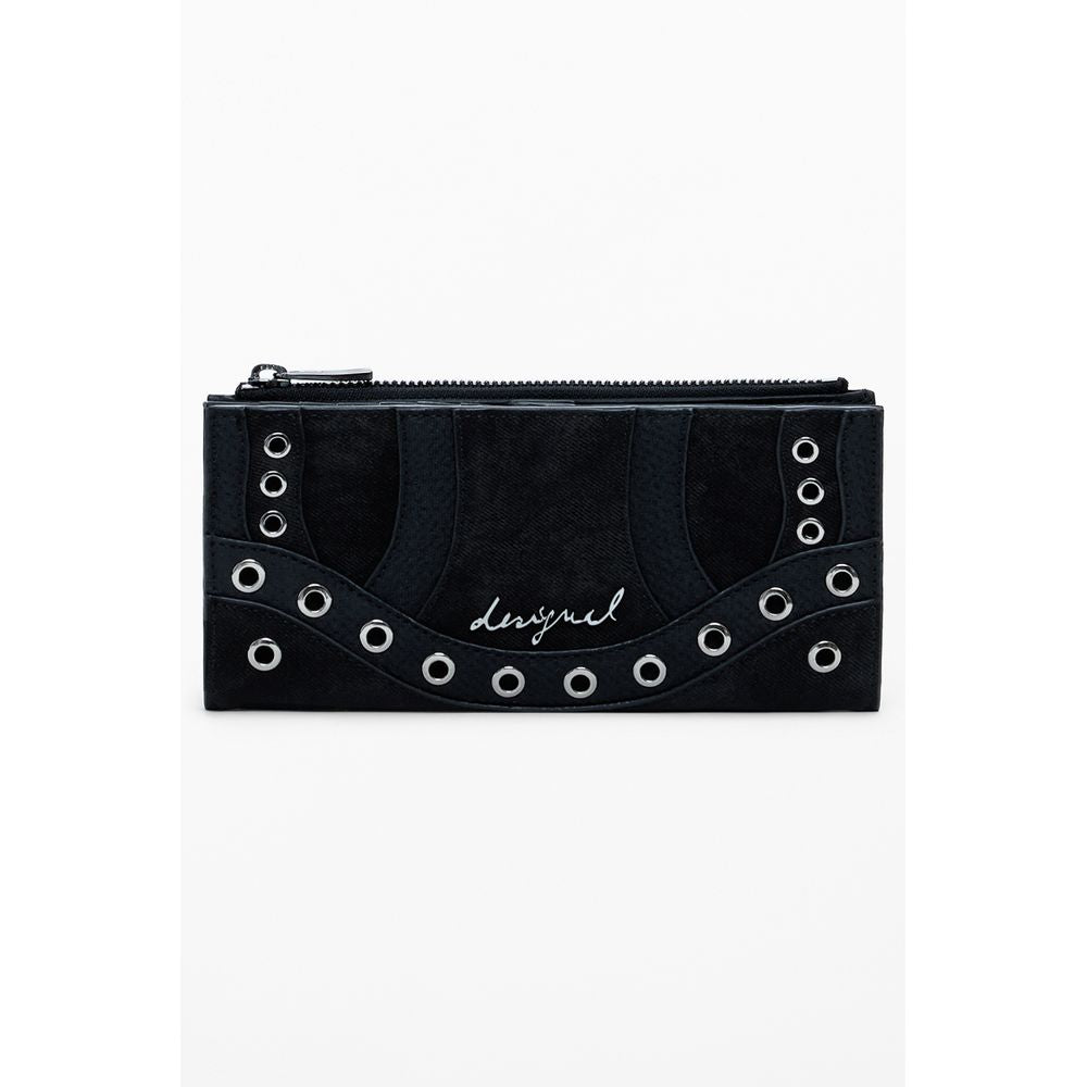 Desigual Black Polyethylene Women Wallet showcasing stylish design with zip closure and grommet accents for modern trendsetters.